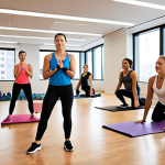 **A corporate wellness coordinator leading a fitness class in an office setting.** This should depict a modern workplace with employees actively participating in a workout session, led by a certified instructor (the wellness coordinator). The atmosphere should be energetic and motivational, promoting health and well-being.