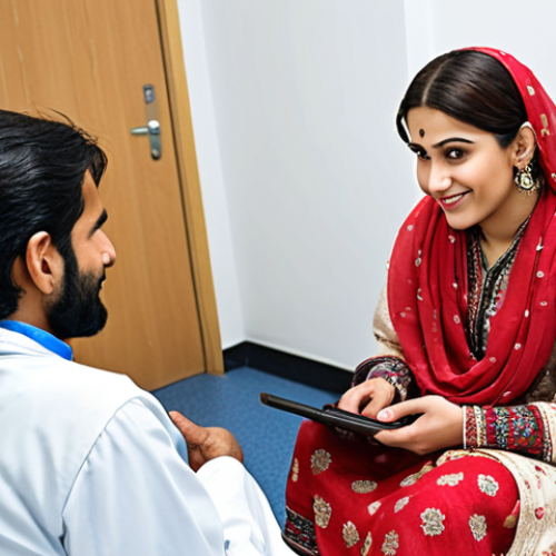 Home 18 **
"A friendly Well-being Coordinator, warmly dressed in traditional Pakistani clothing, sitting across from a person in a modern doctor's office, reviewing a personalized health plan on a tablet. The atmosphere is supportive and encouraging."
**