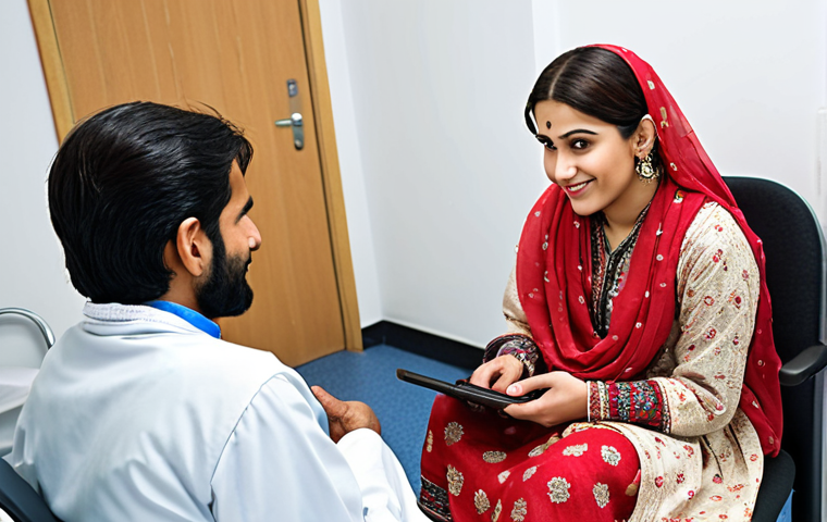 **
"A friendly Well-being Coordinator, warmly dressed in traditional Pakistani clothing, sitting across from a person in a modern doctor's office, reviewing a personalized health plan on a tablet. The atmosphere is supportive and encouraging."
**