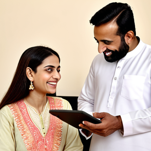 Home 17 **A smiling Wellbeing Coordinator consulting with a client, reviewing a personalized health plan on a tablet. Focus on a warm, supportive atmosphere, incorporating traditional Urdu design elements in the background.**