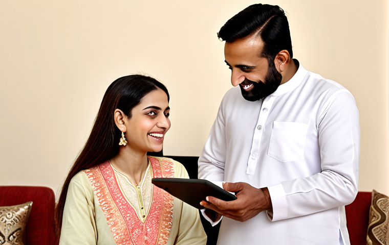 **A smiling Wellbeing Coordinator consulting with a client, reviewing a personalized health plan on a tablet. Focus on a warm, supportive atmosphere, incorporating traditional Urdu design elements in the background.**