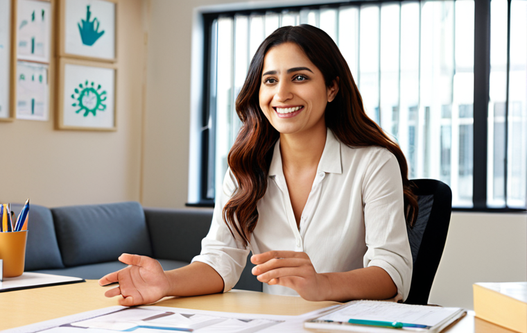 **Prompt:** A bright and inviting office space with a Well-being Coordinator smiling and engaging with an employee. The Coordinator is offering advice and support, creating a positive and encouraging atmosphere. Soft, natural light fills the room. In the style of a modern corporate wellness campaign. Focus on the warm, human connection and the importance of mental health in the workplace. Include Urdu script subtly in the background as a design element.