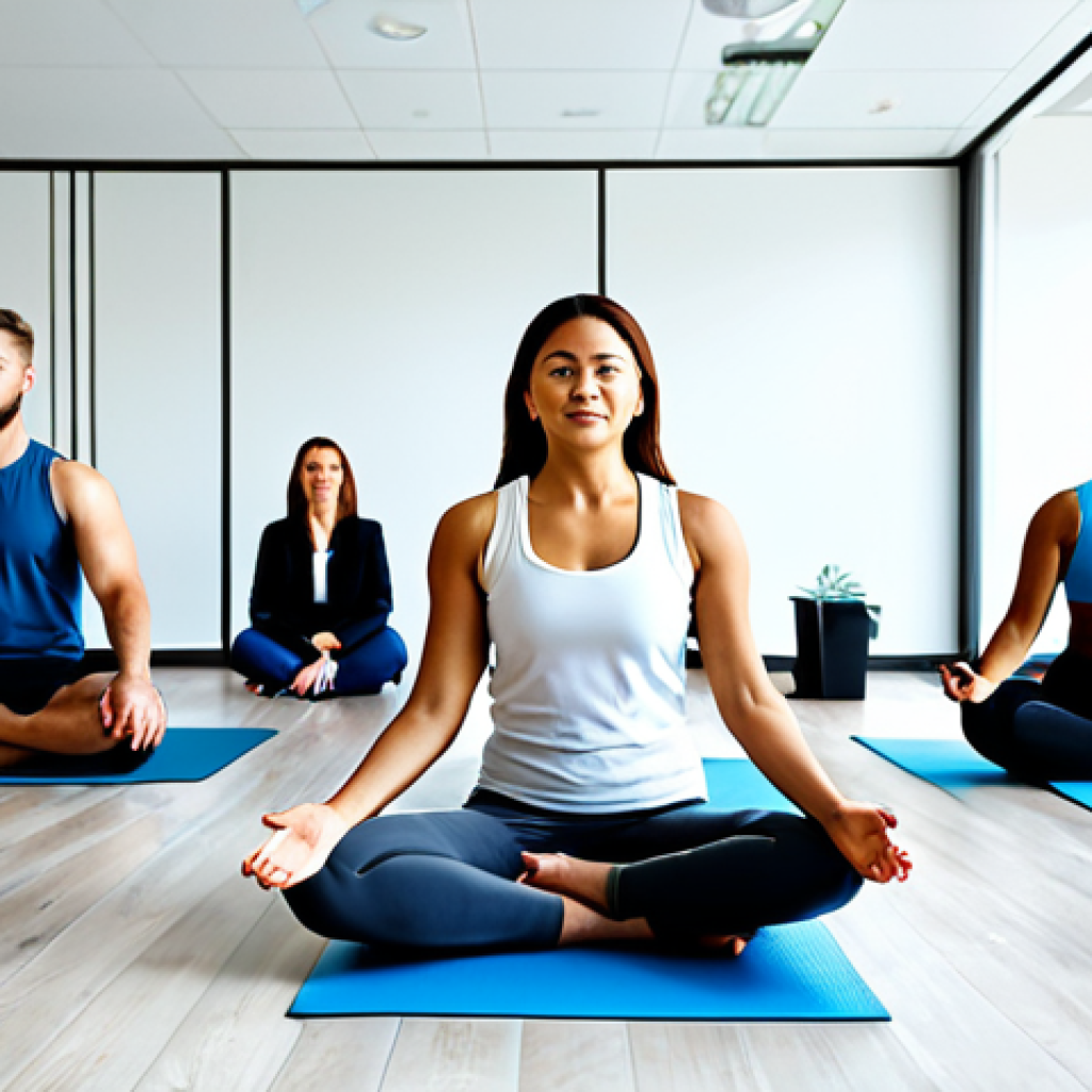 **

A diverse group of people participating in a corporate wellness program, fully clothed, appropriate attire.  Some are doing yoga, others are receiving health advice from a well-being coordinator in a modern office setting.  Safe for work, professional, perfect anatomy, correct proportions, natural poses, high quality.

**
