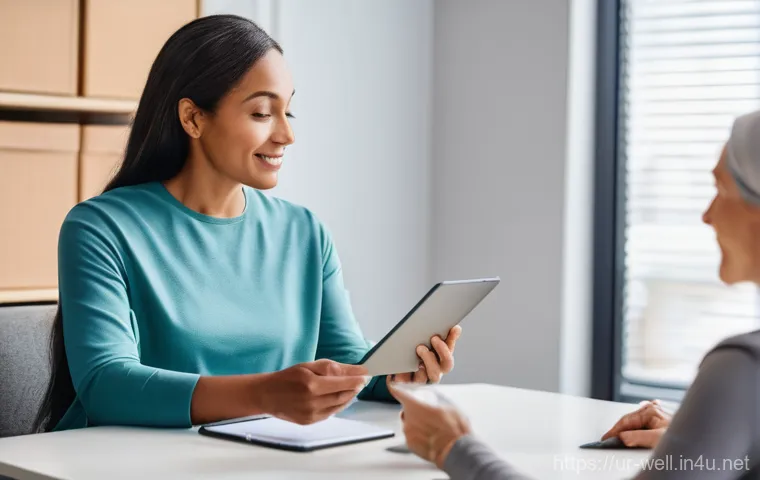 웰빙코디네이터와 건강 목표 달성 - **Prompt:** A serene and inviting image of a diverse, middle-aged individual, dressed in modest yet ...