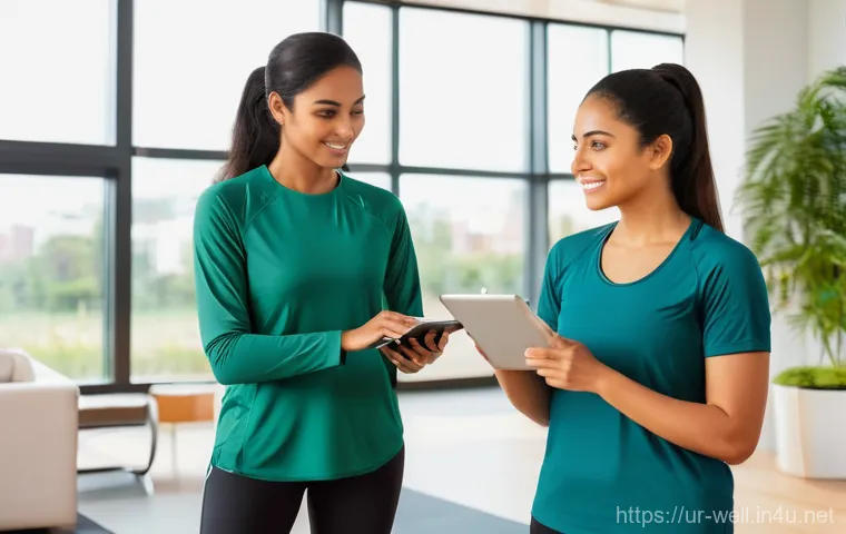 웰빙코디네이터와 맞춤형 운동 계획 - **Prompt 1: The Empathetic Wellness Consultation**
"A bright, modern wellness center with warm, ...