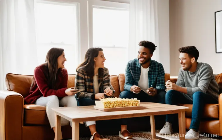 웰빙코디네이터 중점 과목 정리 - **Cozy Evening Gathering:** A diverse group of four young adults, dressed in stylish yet comfortable...