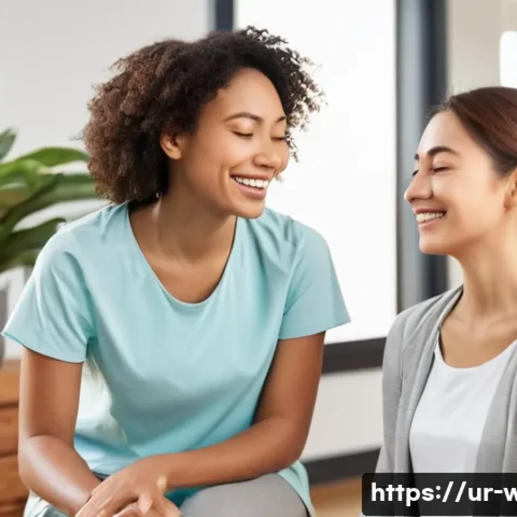 웰빙코디네이터와 심리적 웰빙 - **Prompt:** A compassionate female wellness coordinator, dressed in modest, professional yet comfort...