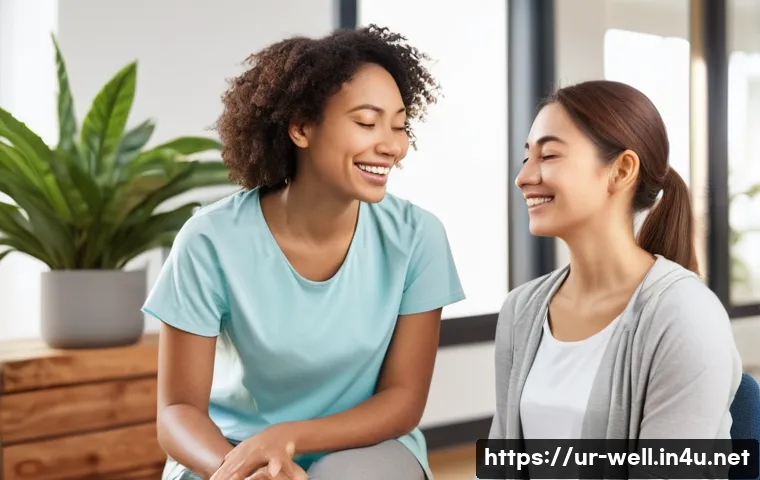 웰빙코디네이터와 심리적 웰빙 - **Prompt:** A compassionate female wellness coordinator, dressed in modest, professional yet comfort...