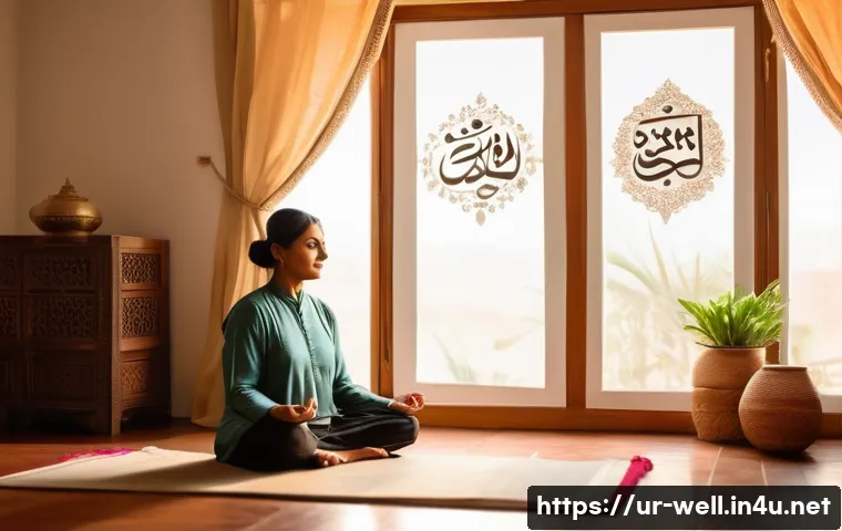 웰빙코디네이터가 추천하는 건강 서적 - A serene and cozy indoor scene showing a middle-aged South Asian woman practicing mindfulness medita...