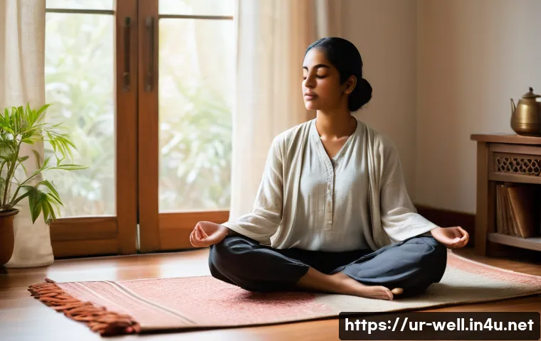 웰빙코디네이터와 건강 목표 분석 - A serene scene of a young South Asian woman sitting cross-legged on a traditional woven rug in a sun...