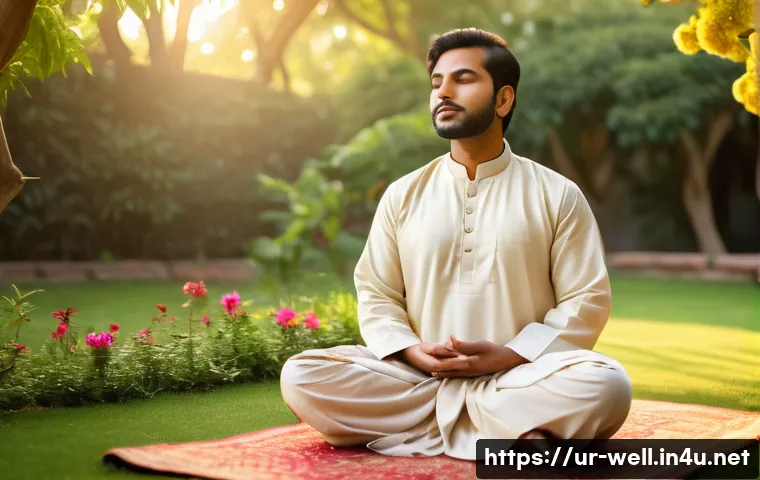웰빙코디네이터와 건강 워크숍 사례 - A serene scene of a South Asian man in traditional shalwar kameez practicing meditation at sunrise i...