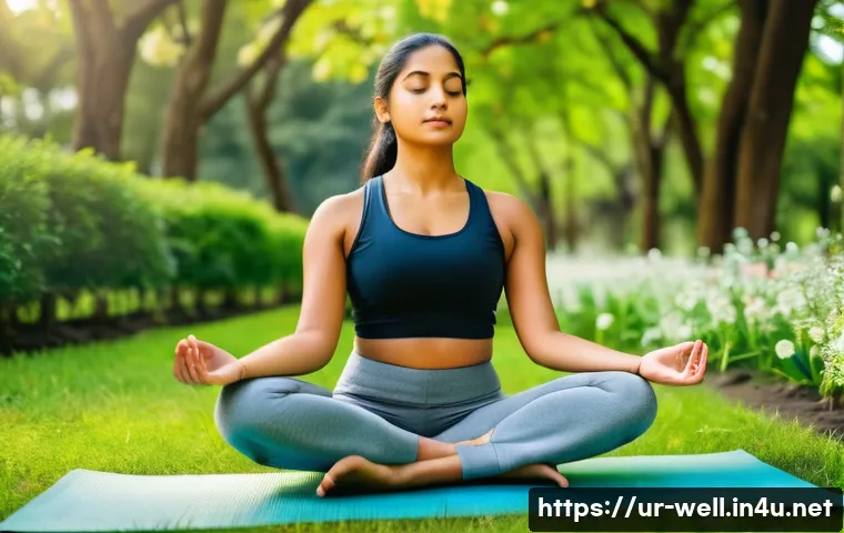 웰빙코디네이터와 헬스케어 협회 - A serene scene depicting a young South Asian woman practicing meditation outdoors in a lush green pa...