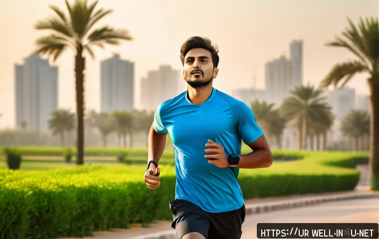 웰빙코디네이터와 건강 목표 달성 비법 - A modern South Asian man wearing smart casual clothing is jogging in an urban park during early morn...