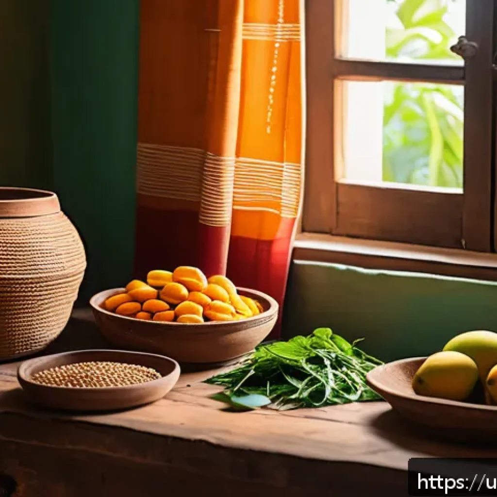 웰빙코디네이터와 자연 요법 - A vibrant and serene scene of a traditional South Asian kitchen setting featuring a wooden table fil...