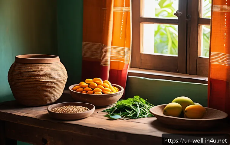 웰빙코디네이터와 자연 요법 - A vibrant and serene scene of a traditional South Asian kitchen setting featuring a wooden table fil...
