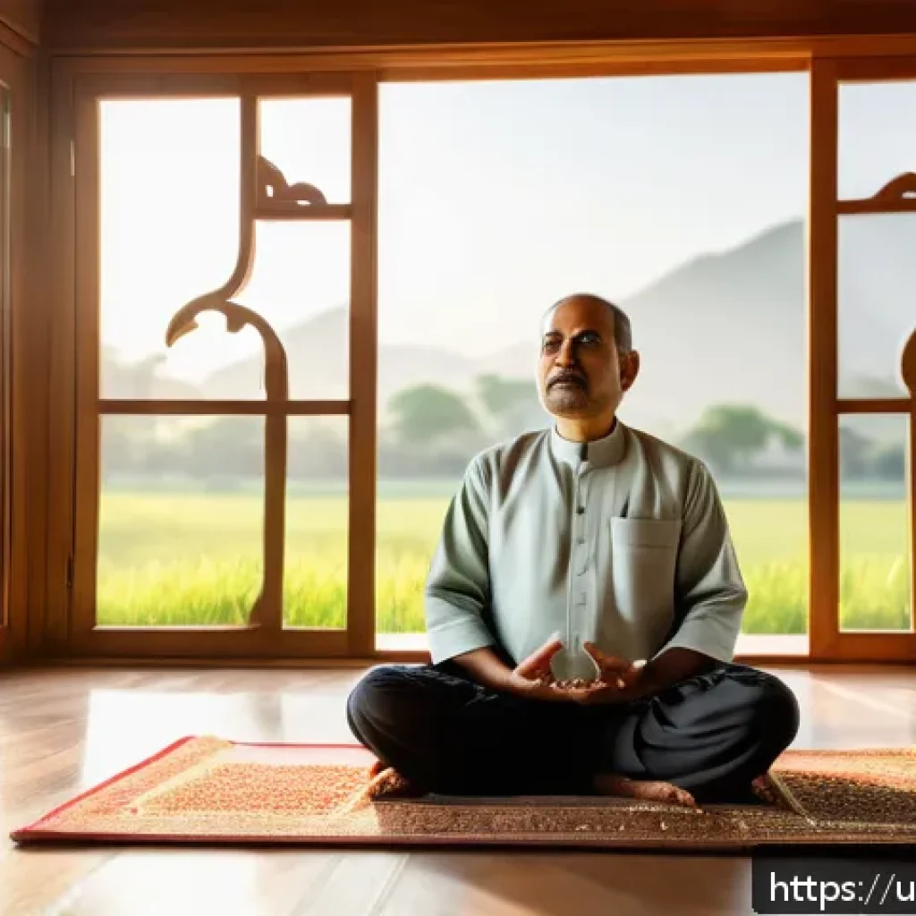 웰빙코디네이터와 심리 웰빙 프로그램 - A serene home interior scene featuring a middle-aged South Asian man practicing meditation on a trad...