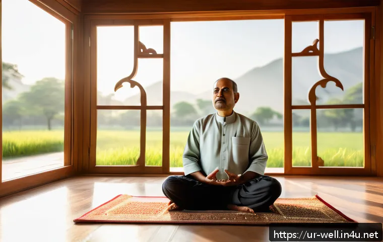 웰빙코디네이터와 심리 웰빙 프로그램 - A serene home interior scene featuring a middle-aged South Asian man practicing meditation on a trad...