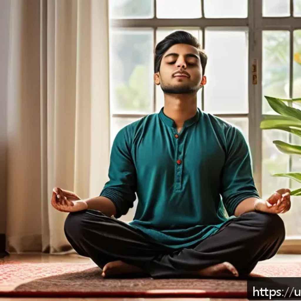 웰빙코디네이터와 건강 관리 서비스 - A serene home environment featuring a young South Asian man in modest, comfortable clothing practici...