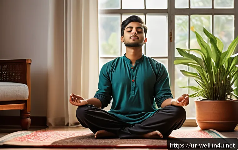 웰빙코디네이터와 건강 관리 서비스 - A serene home environment featuring a young South Asian man in modest, comfortable clothing practici...