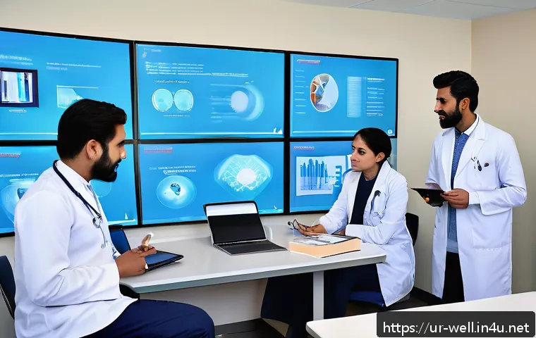 웰빙코디네이터와 건강 진단 프로세스 - A modern healthcare team in a well-equipped hospital conference room, featuring diverse professional...