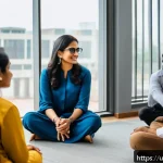 Home 21 웰빙코디네이터와 비즈니스 플랜 수립 - A modern corporate wellness workshop scene in an office setting in Karachi, Pakistan, featuring dive...