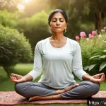 Home 20 웰빙코디네이터와 건강 생활 목표 - A serene scene depicting a middle-aged South Asian woman practicing meditation outdoors in a lush ga...