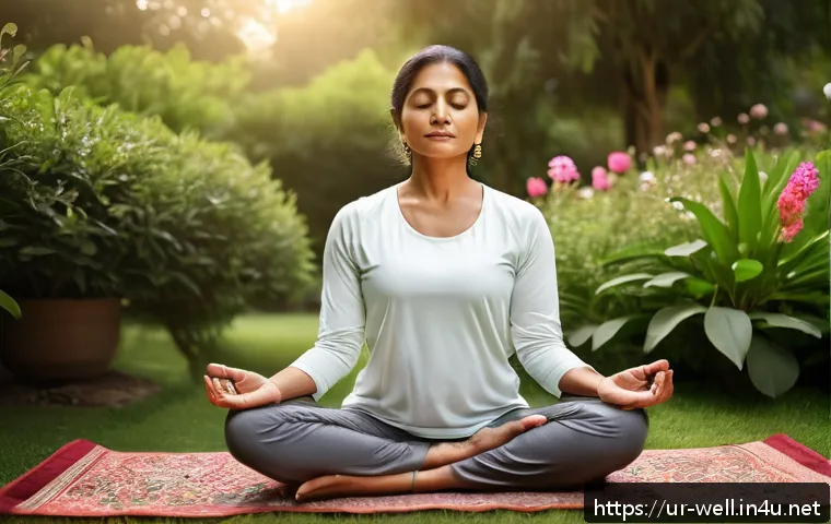 웰빙코디네이터와 건강 생활 목표 - A serene scene depicting a middle-aged South Asian woman practicing meditation outdoors in a lush ga...