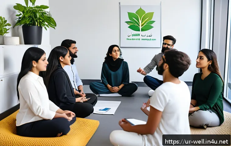 웰빙코디네이터 직업의 장단점 - A modern office wellness workshop scene featuring a diverse group of employees sitting comfortably i...