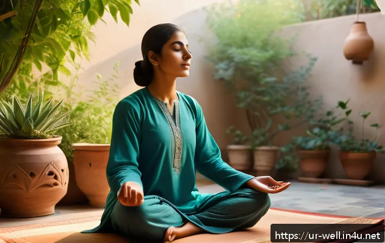 웰빙코디네이터 추천 강의 - A serene morning scene depicting a young South Asian woman practicing meditation in a traditional Pa...